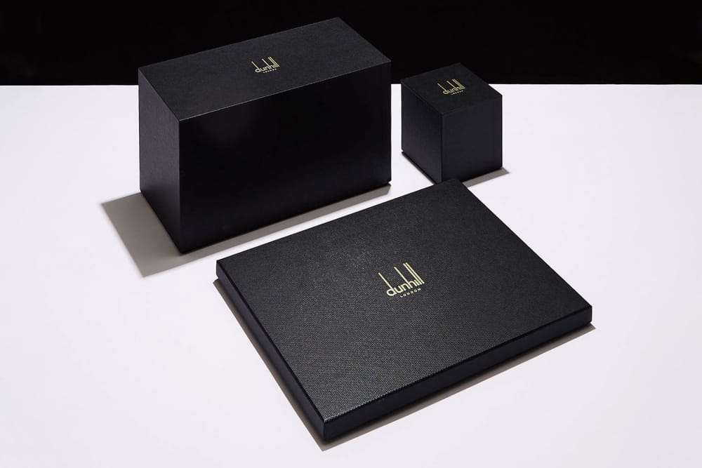 Custom luxury packaging Rigid gift boxes Luxury packaging for menswear Dunhill custom packaging Foil blocked logo packaging