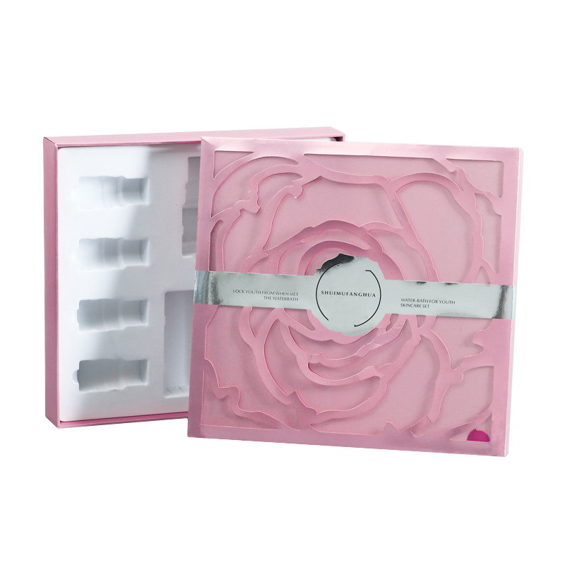 Custom Pink Laser Cutting Rose Gift Boxes with Eva Liner for Cosmetic Luxury Paper Box.Com